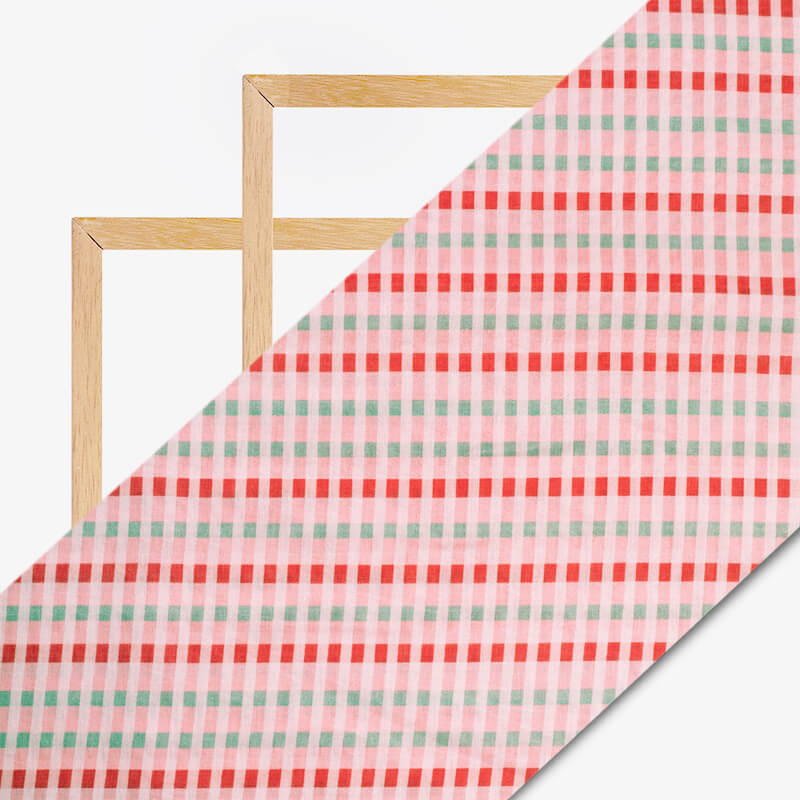 Pink And Red Checks Pattern Digital Print Viscose Chanderi Fabric - Fabcurate