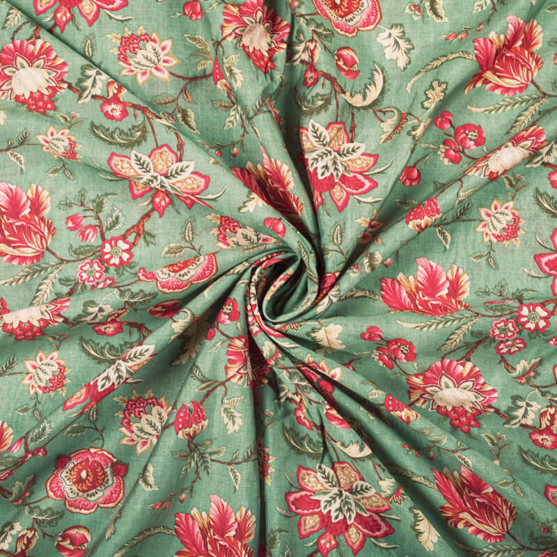 Tame Teal Turquoise And Fuchsia Pink Floral Pattern Digital Print Viscose Chanderi Fabric - Fabcurate