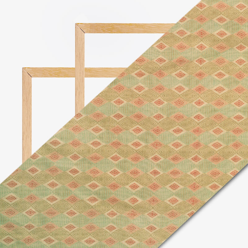 Oat Beige And Brown Geometric Pattern Digital Print Viscose Chanderi Fabric - Fabcurate