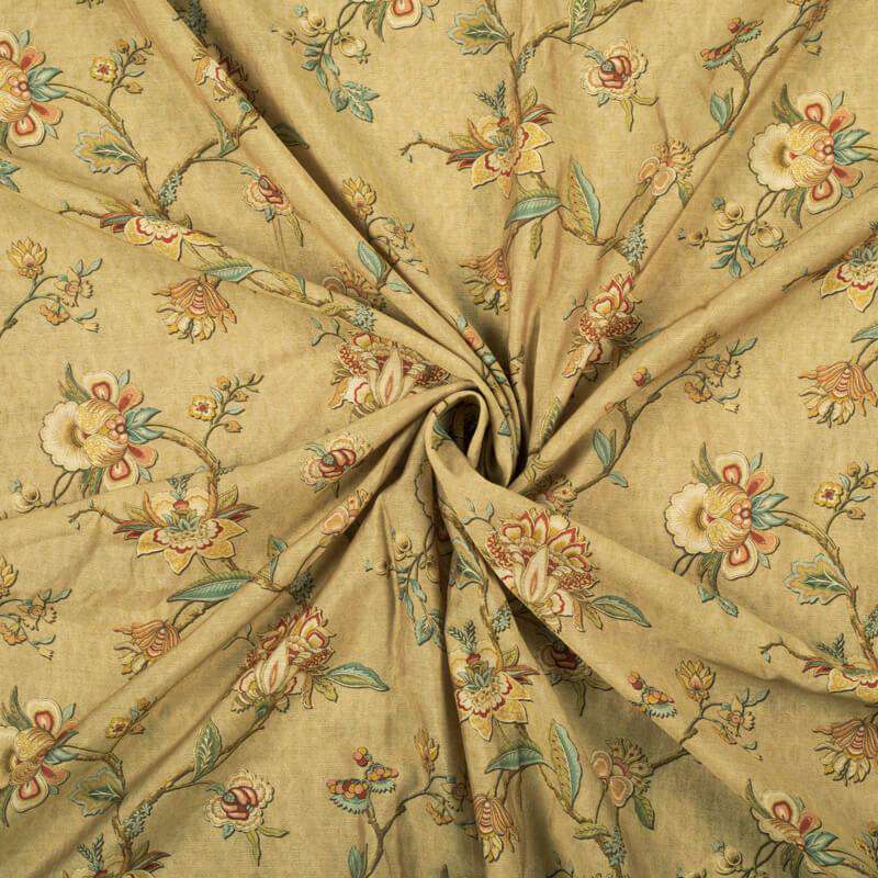 Oat Beige And Brown Floral Pattern Digital Print Viscose Chanderi Fabric - Fabcurate