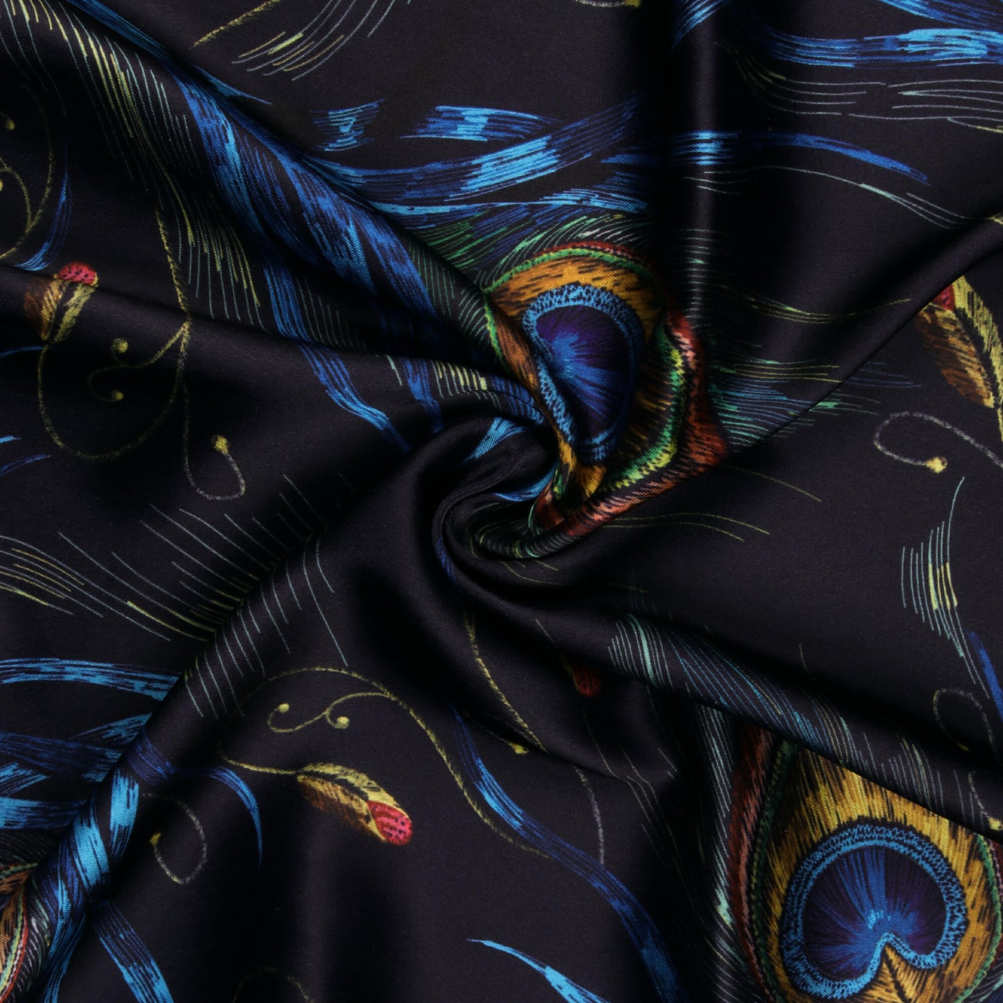 Navy Blue And Mustard Yellow Peacock Feather Digital Print Modal Satin Fabric