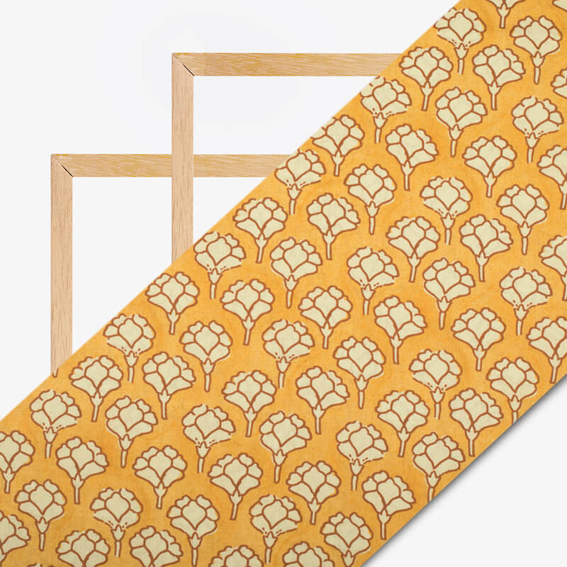 Mustard Yellow And Cream Ethnic Pattern Digital Print Cotton Cambric Fabric - Fabcurate
