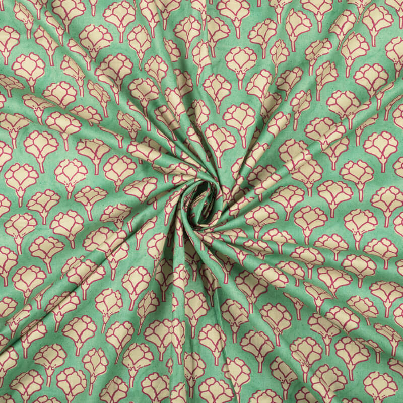 Tea Green And Cream Ethnic Pattern Digital Print Cotton Cambric Fabric - Fabcurate