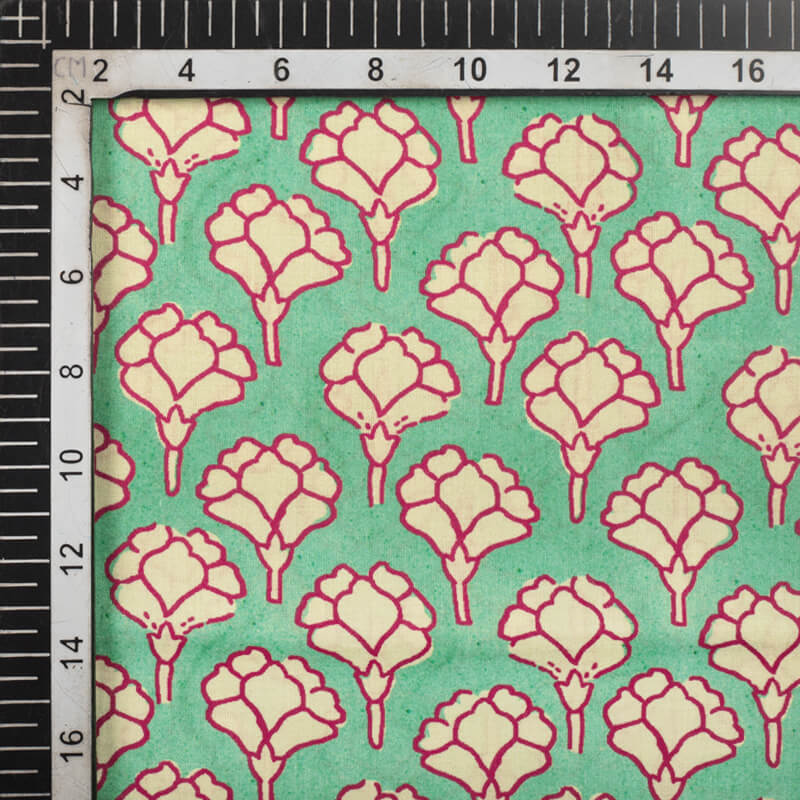 Tea Green And Cream Ethnic Pattern Digital Print Cotton Cambric Fabric - Fabcurate