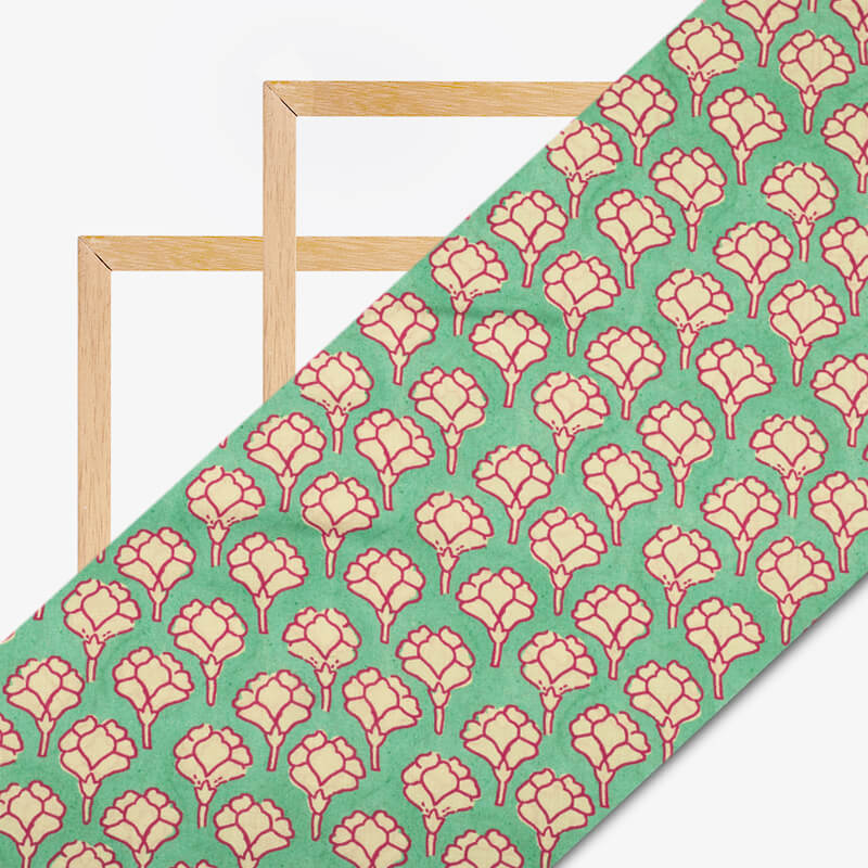 Tea Green And Cream Ethnic Pattern Digital Print Cotton Cambric Fabric - Fabcurate