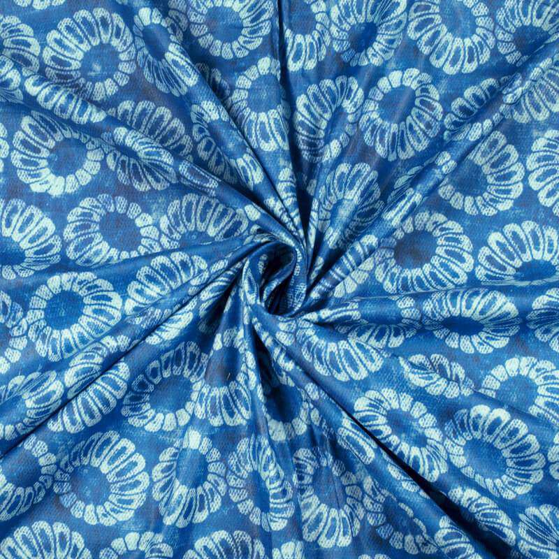 Aegean Blue And Off White Ethnic Pattern Digital Print Cotton Cambric Fabric - Fabcurate