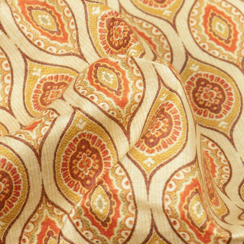 Cream And Brown Trellis Pattern Digital Print Cotton Cambric Fabric - Fabcurate