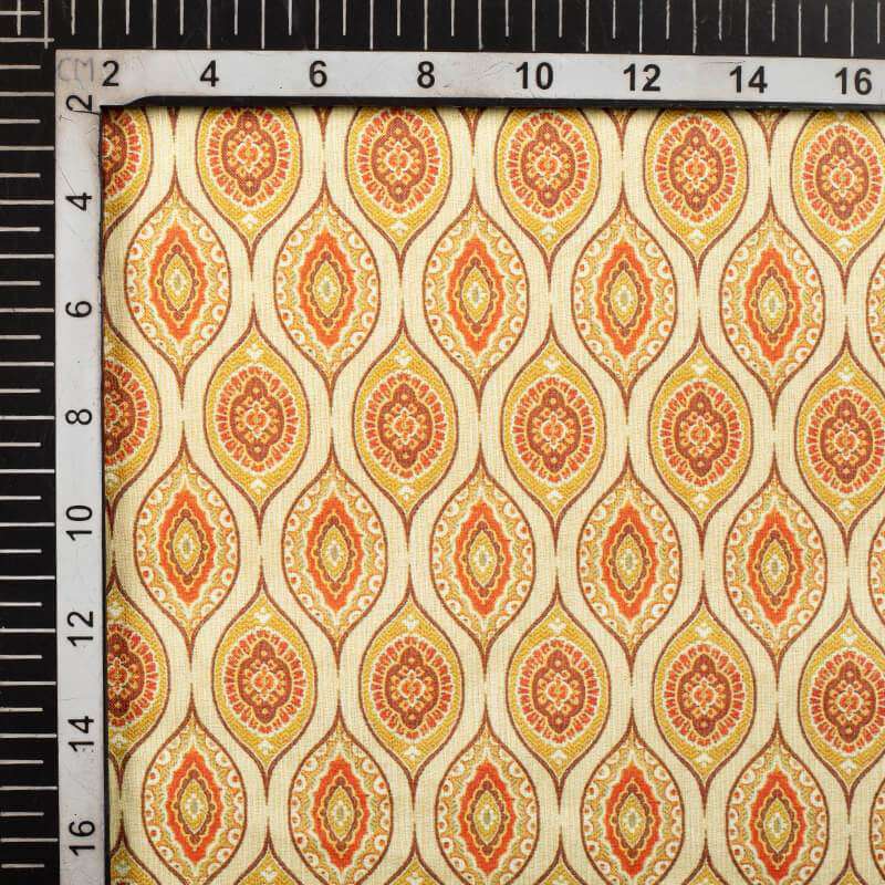 Cream And Brown Trellis Pattern Digital Print Cotton Cambric Fabric - Fabcurate