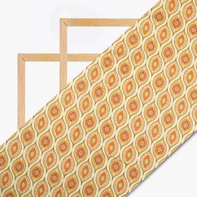 Cream And Brown Trellis Pattern Digital Print Cotton Cambric Fabric - Fabcurate