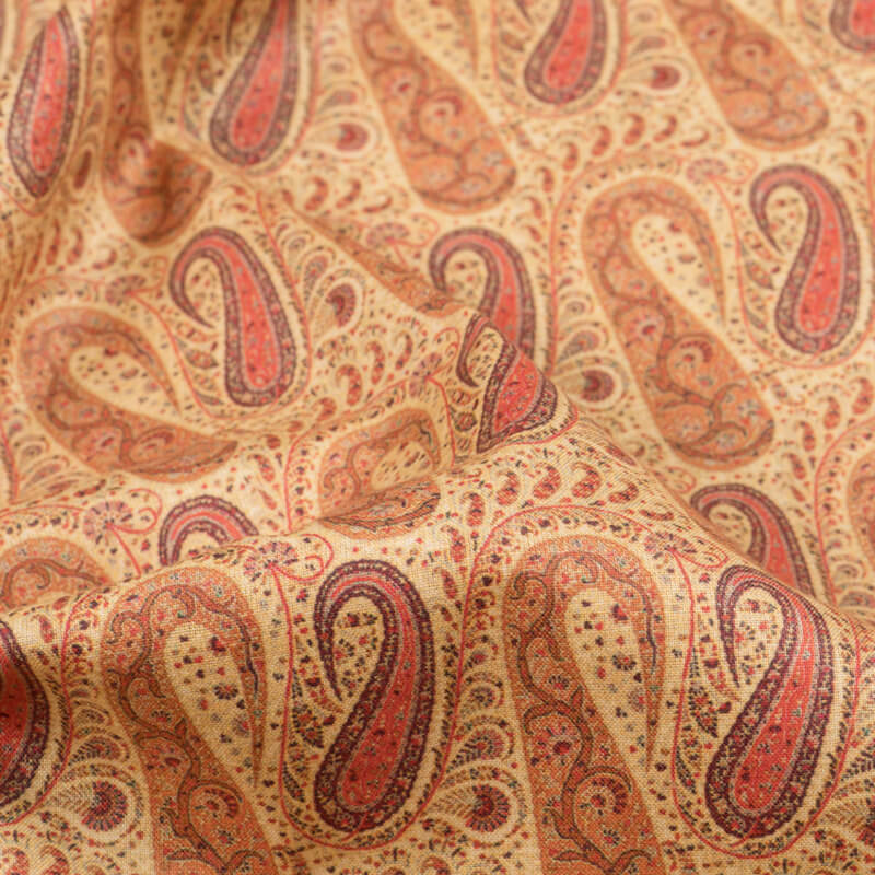 Dark Cream And Coral Peach Paisley Pattern Digital Print Cotton Cambric Fabric