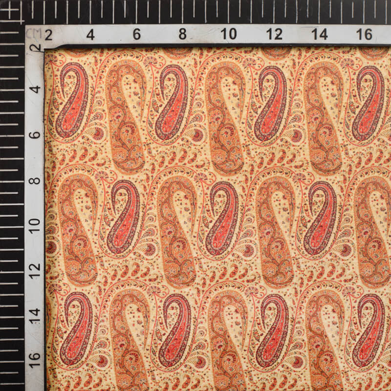 Dark Cream And Coral Peach Paisley Pattern Digital Print Cotton Cambric Fabric