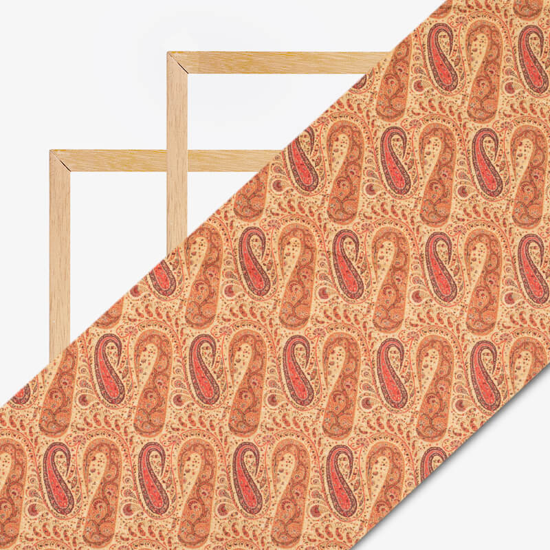 Dark Cream And Coral Peach Paisley Pattern Digital Print Cotton Cambric Fabric