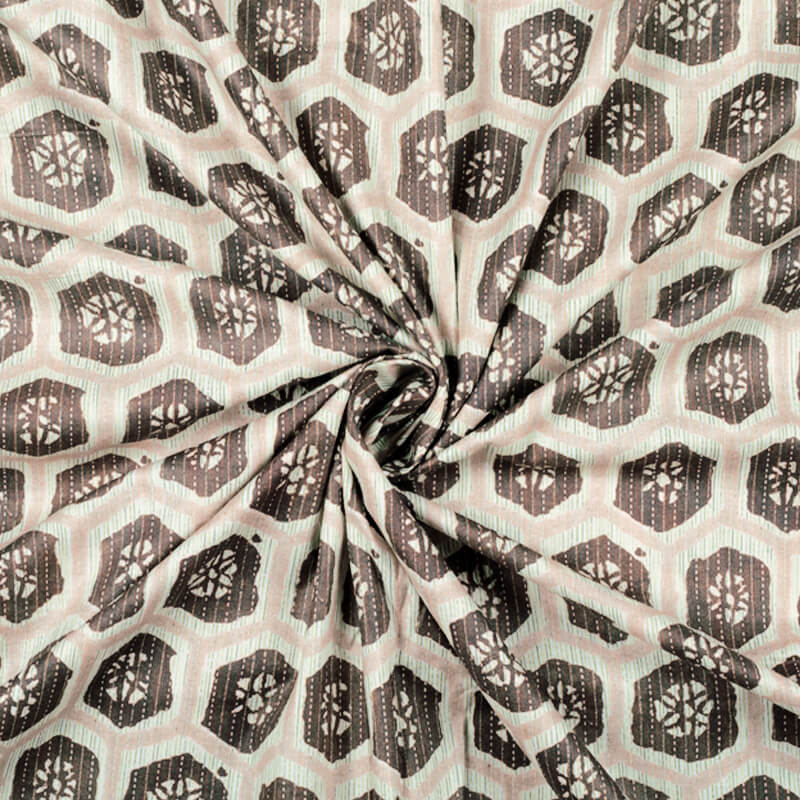 Snow White And Brown Geometric Pattern Digital Print Cotton Cambric Fabric - Fabcurate