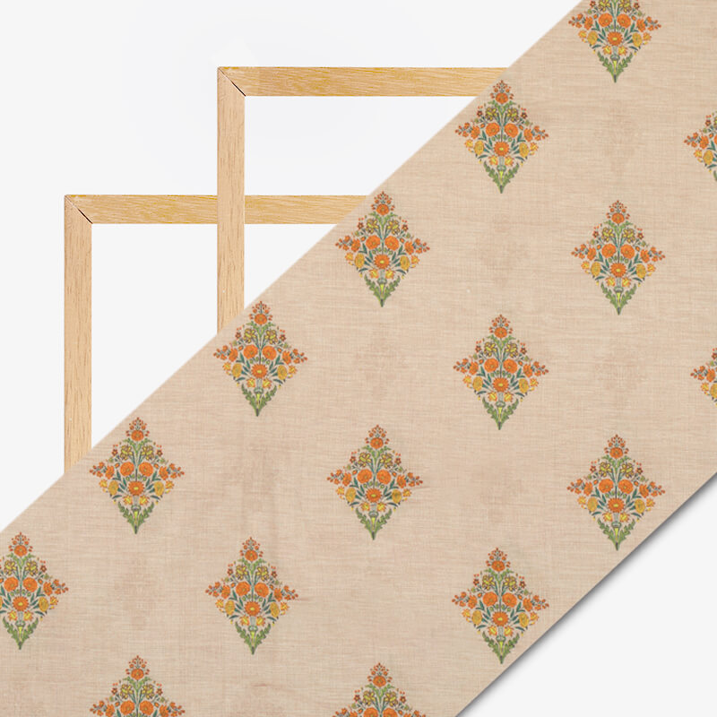 Peach And Orange Mugal Pattern Digital Print Cotton Cambric Fabric