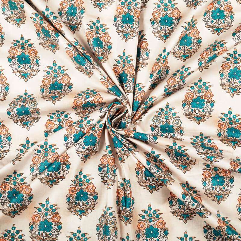 White And Teal Green Mughal Pattern Digital Print Cotton Cambric Fabric - Fabcurate