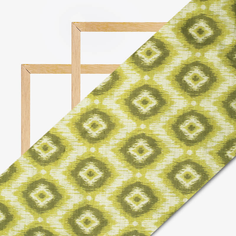 Pistachio Green And Olive Green Geometric Pattern Digital Print Cotton Cambric Fabric - Fabcurate