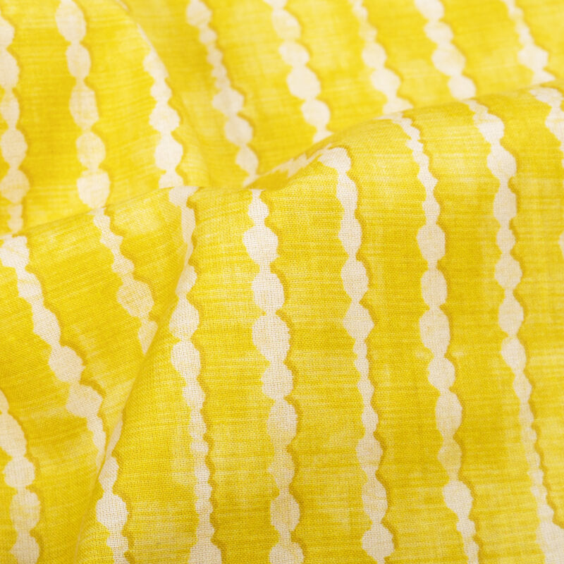 Lemon Yellow And White Stripes Pattern Digital Print Cotton Cambric Fabric - Fabcurate