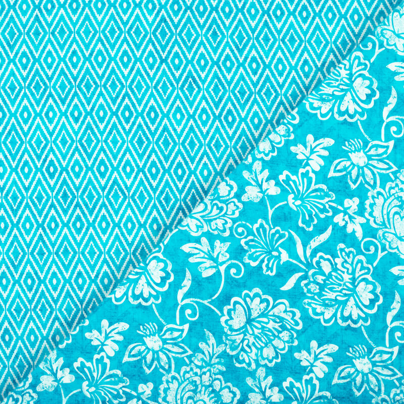 Sky Blue And White Floral Pattern Digital Print Cotton Cambric Fabric - Fabcurate