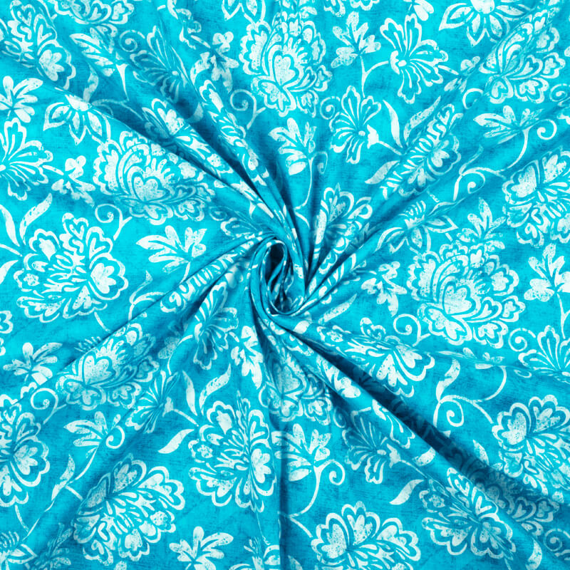 Sky Blue And White Floral Pattern Digital Print Cotton Cambric Fabric - Fabcurate