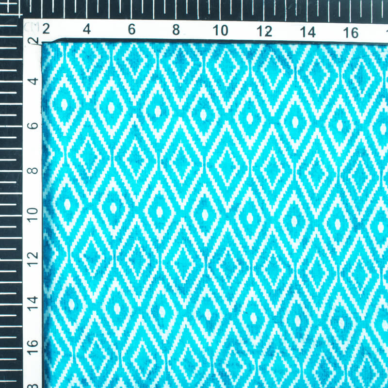Sky Blue And White Geometric Pattern Digital Print Cotton Cambric Fabric - Fabcurate
