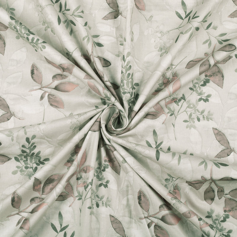 Grey Leaf Pattern Digital Print Cotton Cambric Fabric - Fabcurate