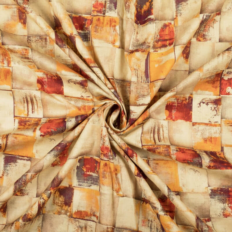 Cream And Orange Checks Pattern Digital Print Cotton Cambric Fabric - Fabcurate