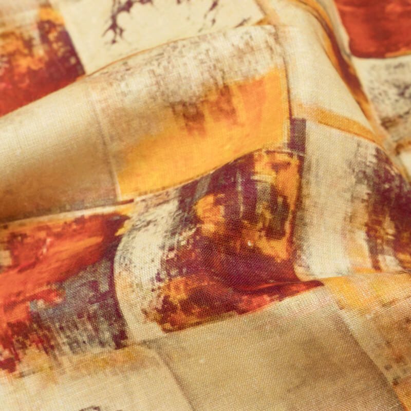 Cream And Orange Checks Pattern Digital Print Cotton Cambric Fabric - Fabcurate