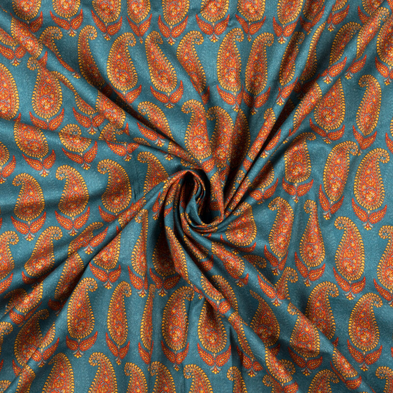 Teal Blue And Orange Paisley Pattern Digital Print Cotton Cambric Fabric - Fabcurate