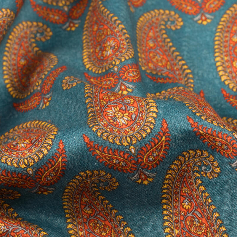 Teal Blue And Orange Paisley Pattern Digital Print Cotton Cambric Fabric - Fabcurate