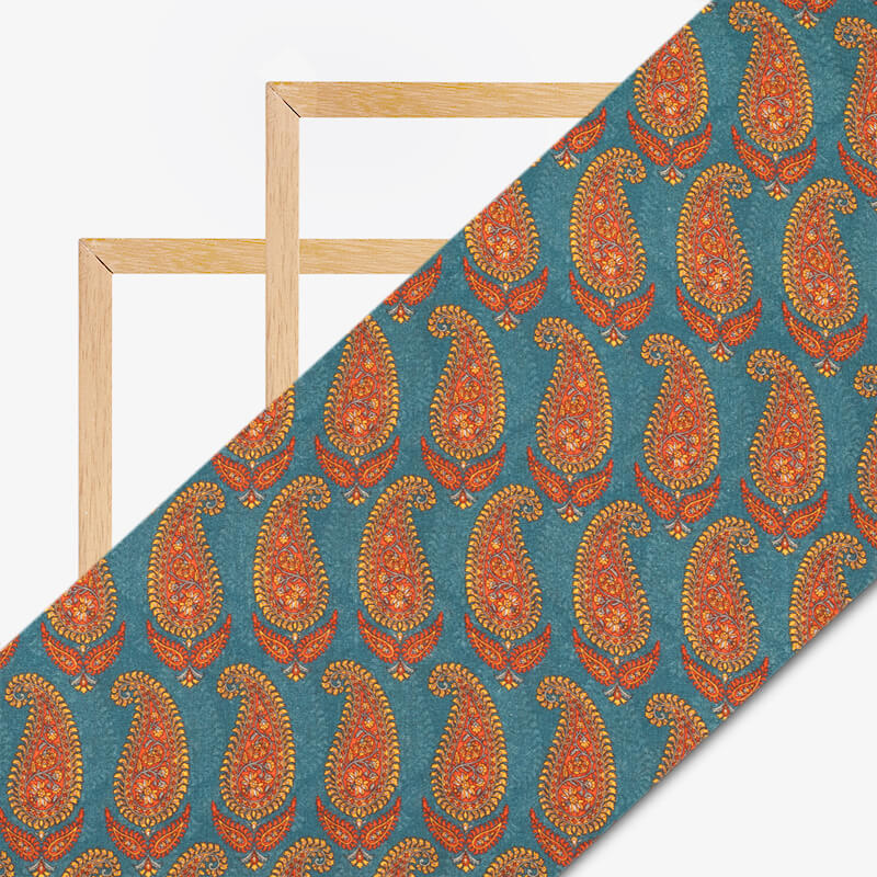 Teal Blue And Orange Paisley Pattern Digital Print Cotton Cambric Fabric - Fabcurate