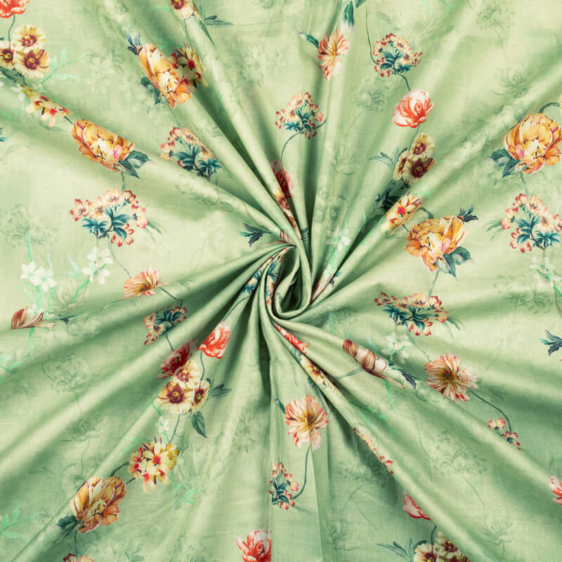 Pistachio Green Floral Pattern Digital Print Cotton Cambric Fabric - Fabcurate