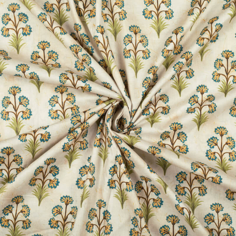 Cream And Teal Green Mugal Pattern Digital Print Cotton Cambric Fabric