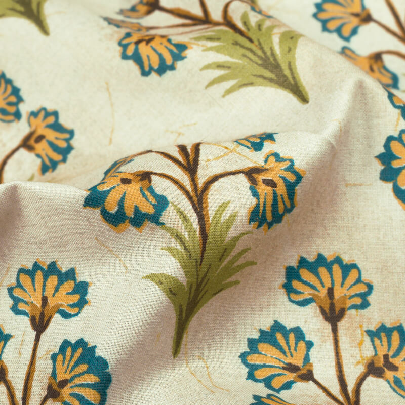 Cream And Teal Green Mugal Pattern Digital Print Cotton Cambric Fabric
