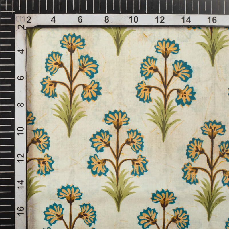 Cream And Teal Green Mugal Pattern Digital Print Cotton Cambric Fabric
