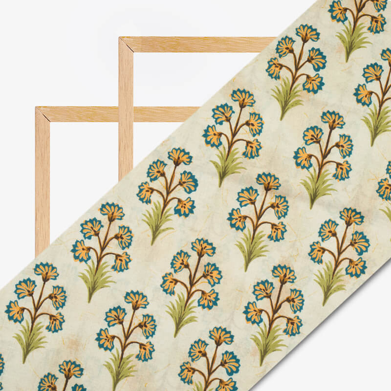 Cream And Teal Green Mugal Pattern Digital Print Cotton Cambric Fabric