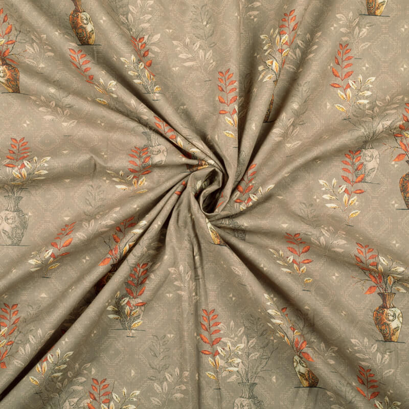 Seal Grey And Orange Ethnic Pattern Digital Print Cotton Cambric Fabric - Fabcurate