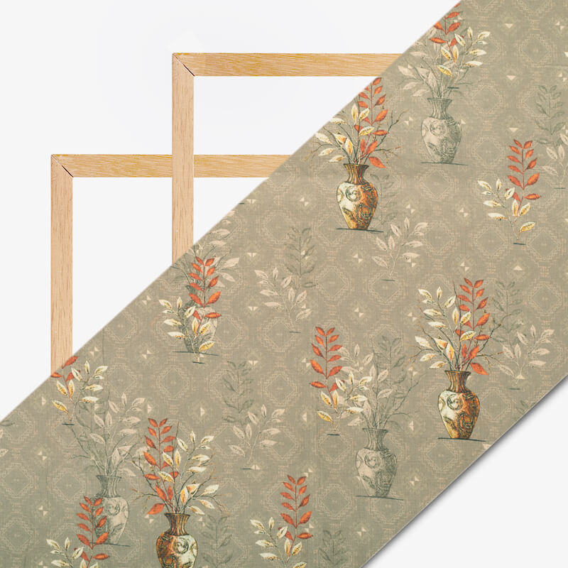 Seal Grey And Orange Ethnic Pattern Digital Print Cotton Cambric Fabric - Fabcurate