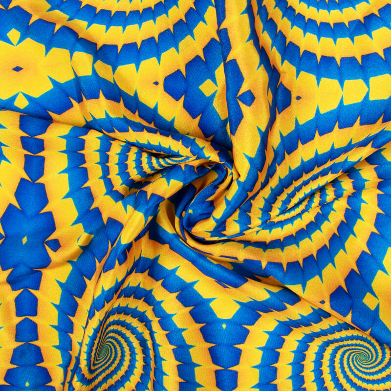 Butter Yellow And Royal Blue Geometric Pattern Illusion Digital Print Crepe Silk Fabric - Fabcurate