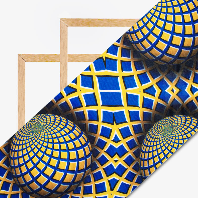 Royal Blue And Honey Yellow Geometric Pattern Illusion Digital Print Crepe Silk Fabric - Fabcurate