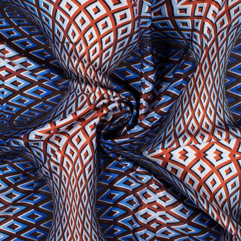 Royal Blue And Cinnamon Brown Geometric Pattern Illusion Digital Print Crepe Silk Fabric - Fabcurate