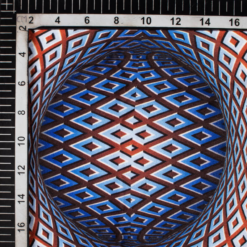 Royal Blue And Cinnamon Brown Geometric Pattern Illusion Digital Print Crepe Silk Fabric - Fabcurate