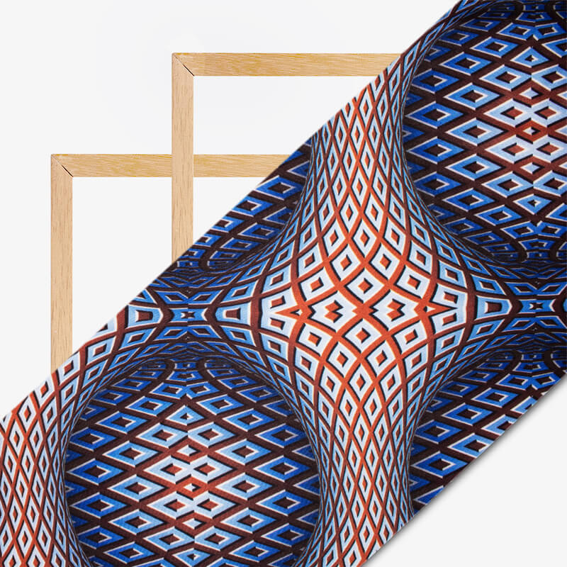 Royal Blue And Cinnamon Brown Geometric Pattern Illusion Digital Print Crepe Silk Fabric - Fabcurate