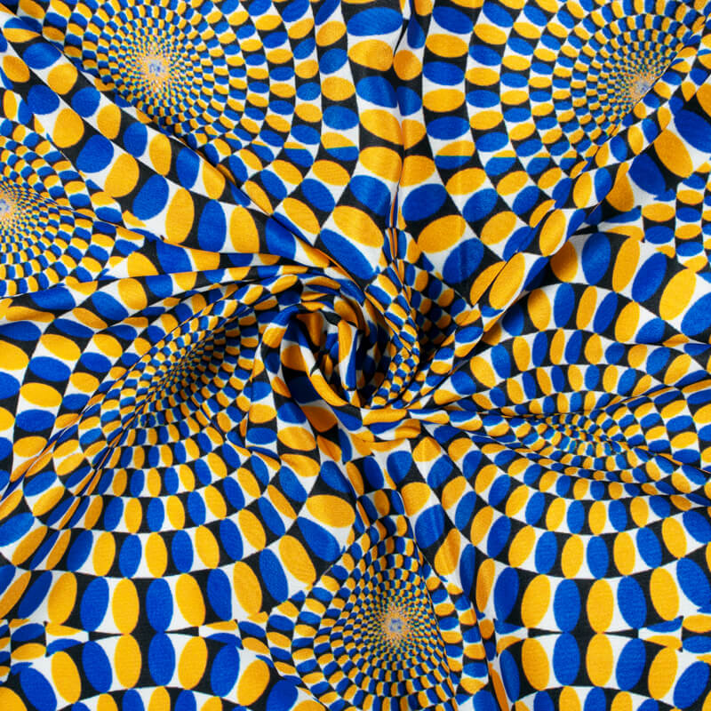 Honey Yellow And Royal Blue Geometric Pattern Illusion Digital Print Crepe Silk Fabric - Fabcurate