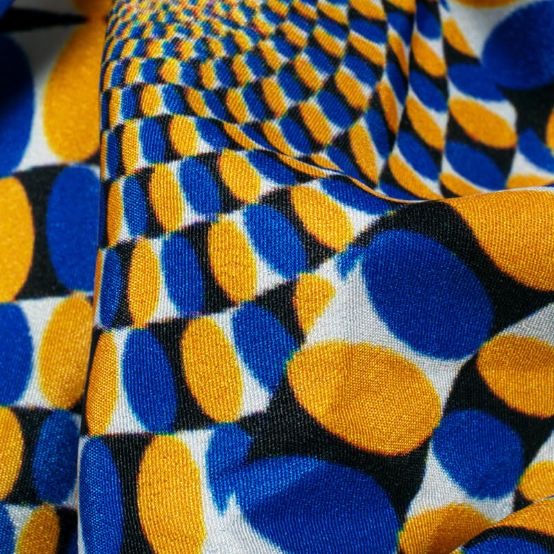 Honey Yellow And Royal Blue Geometric Pattern Illusion Digital Print Crepe Silk Fabric - Fabcurate