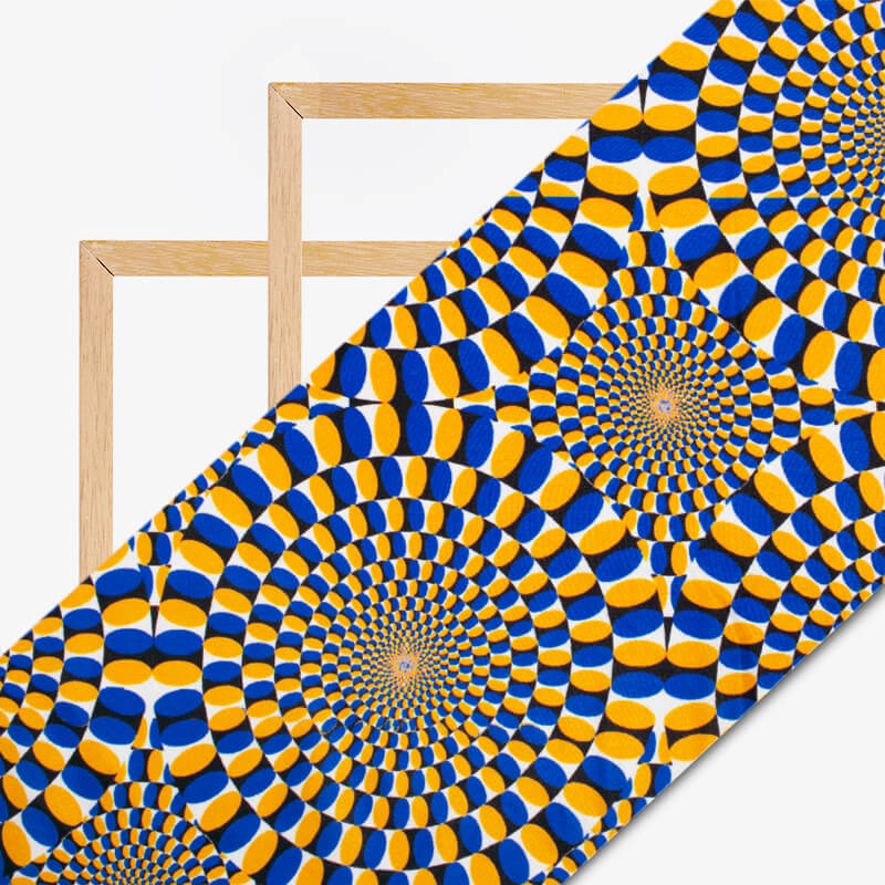 Honey Yellow And Royal Blue Geometric Pattern Illusion Digital Print Crepe Silk Fabric - Fabcurate