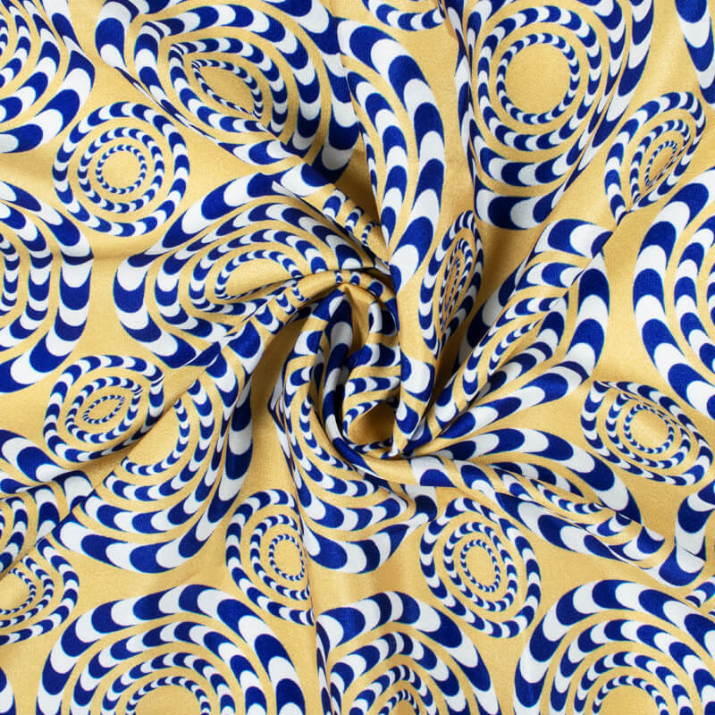 Daffodil Yellow And Lapis Blue Geometric Pattern Illusion Digital Print Crepe Silk Fabric - Fabcurate