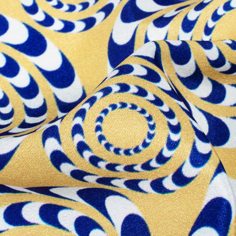 Daffodil Yellow And Lapis Blue Geometric Pattern Illusion Digital Print Crepe Silk Fabric - Fabcurate