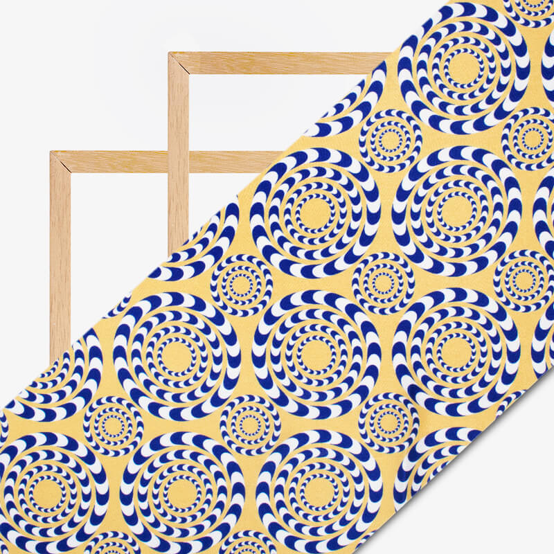 Daffodil Yellow And Lapis Blue Geometric Pattern Illusion Digital Print Crepe Silk Fabric - Fabcurate