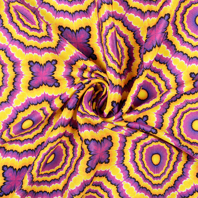 Purple And Merigold Yellow Geometric Pattern Illusion Digital Print Crepe Silk Fabric - Fabcurate