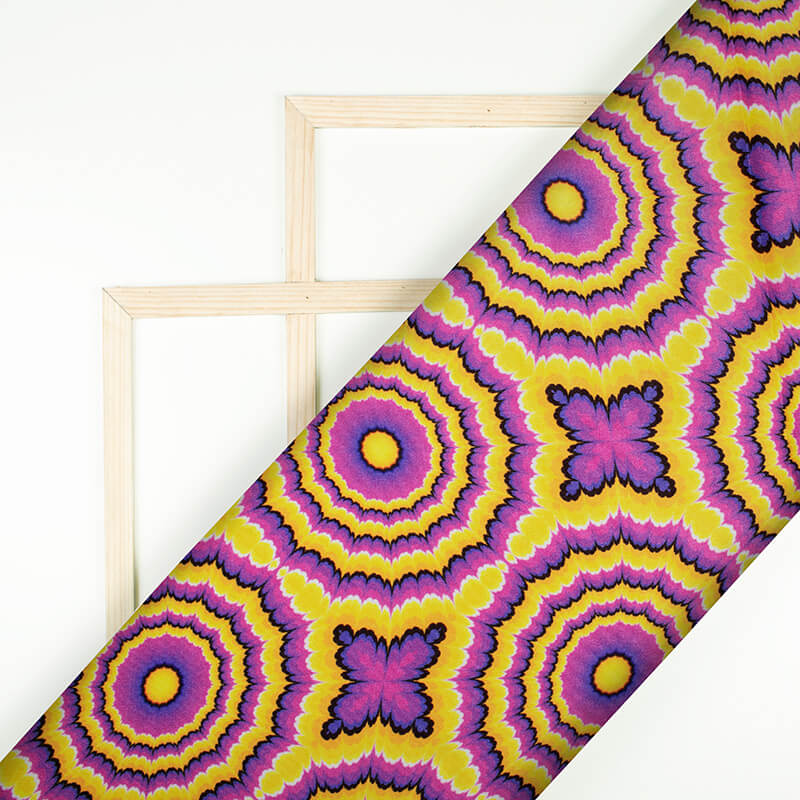 Purple And Merigold Yellow Geometric Pattern Illusion Digital Print Crepe Silk Fabric - Fabcurate